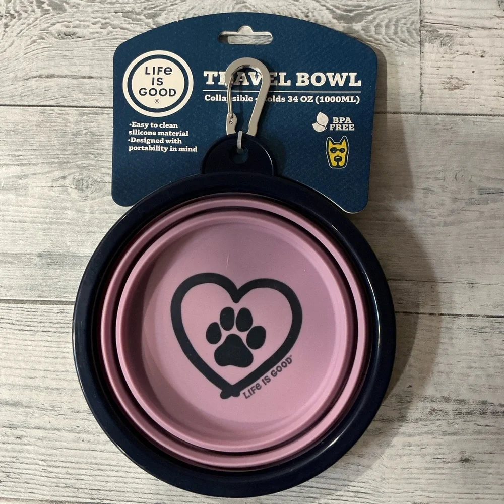 Life is Good Purple Paw Print in Heart Collapsible Travel Pet Bowl - 34 oz.